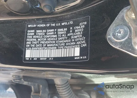 2019 Honda Civic Type R Touring from USA, damaged, VIN SHHFK8G73KU204008